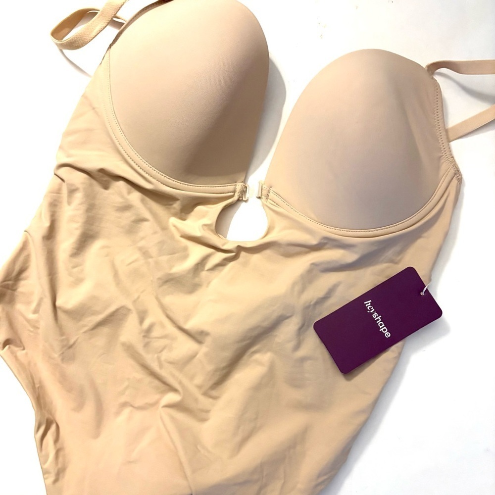 NWT HEY SHAPE Plunge Shapewear Thong Bodysuit Bodysuit, tan - Picture 3 of 4